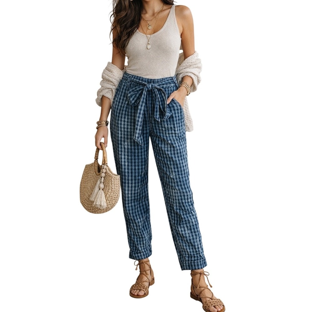 Maeve Anthropologie Blue‎ Gingham Paperbag Waist Tapered Pants Size 14 Belted